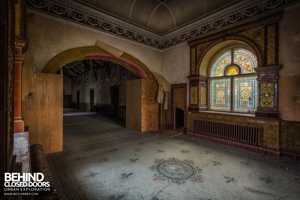 High Royds Asylum - Stained glass windows and tiled floor