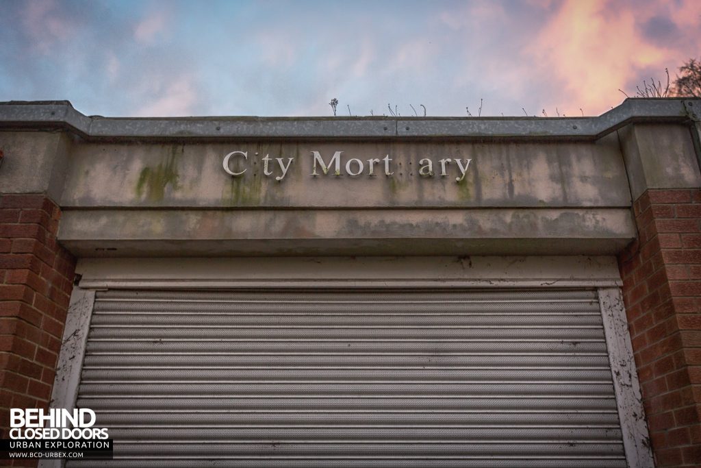 Forster Green Mortuary, Belfast - City Mortuary sign on front of building