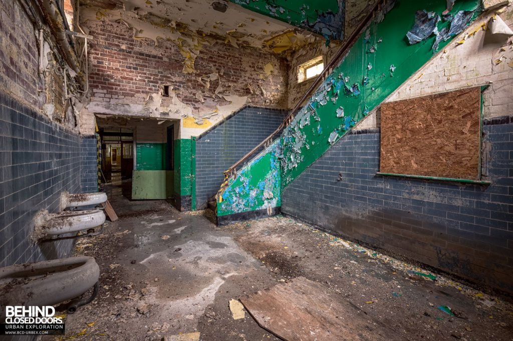 Pit Head Baths - Stairs and drinking fountains in the entrance