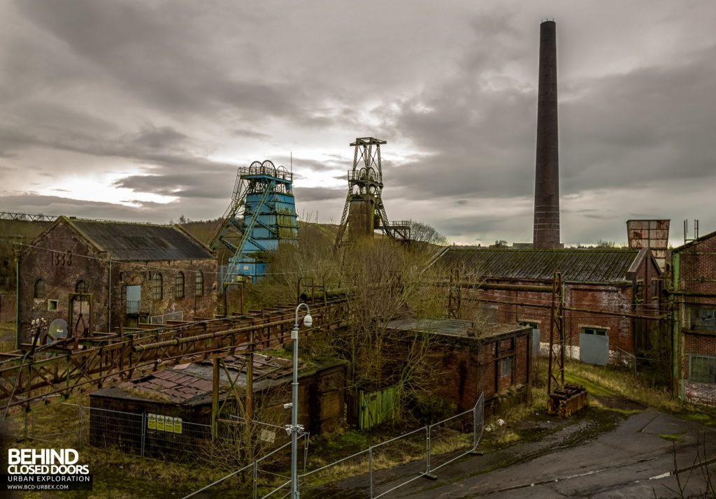 Chatterley Whitfield Colliery - Platt and Institute headstocks, along with the main boiler house chimney